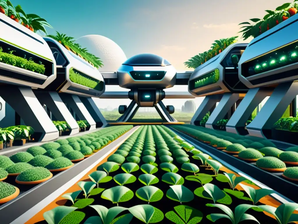 Sistemas autónomos para colonias espaciales: Colonia espacial futurista con robots autónomos, vegetación exuberante y moderna arquitectura