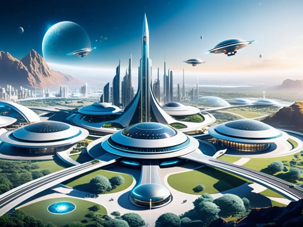 Sistemas autónomos para colonias espaciales: Vista panorámica de una futurista colonia espacial con avanzada infraestructura y actividad robótica