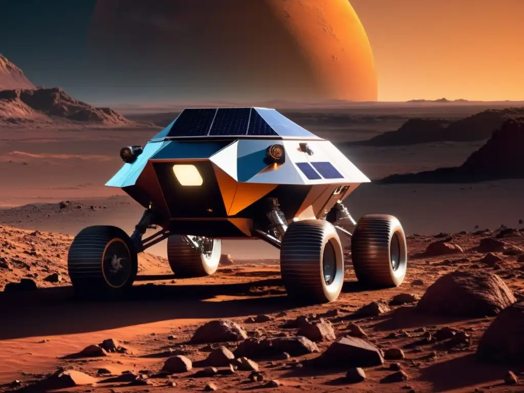 Sistemas autónomos para colonias espaciales: Rover futurista con paneles solares, explorando planeta rocoso con domo metálico al fondo