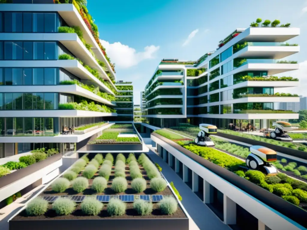 Un sitio de construcción futurista con maquinaria robótica avanzada y trabajadores humanos, rodeado de edificios sostenibles y energéticamente eficientes que se integran perfectamente con el entorno natural