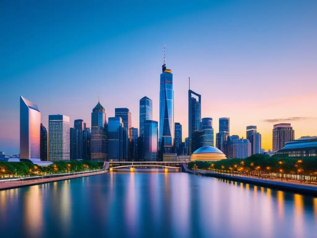 Skyline futurista de la ciudad financiera al anochecer, con rascacielos iluminados reflejados en un río tranquilo