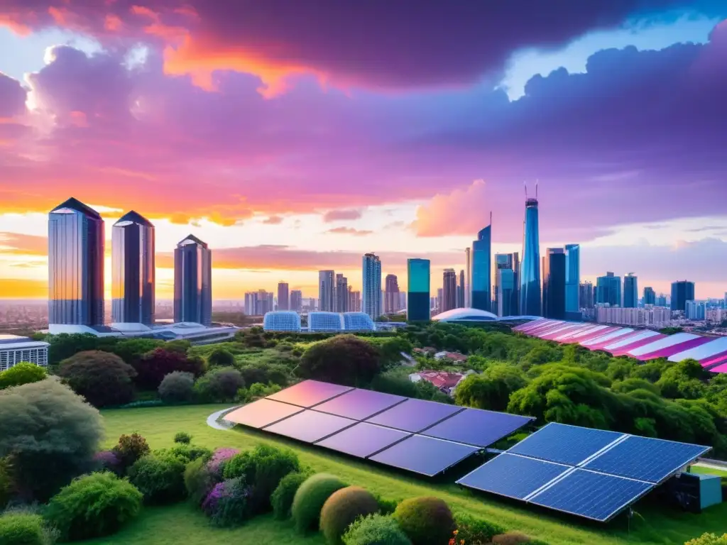 Un skyline urbano al atardecer con rascacielos modernos y paneles solares integrados, rodeado de vegetación, vehículos eléctricos y bicicletas