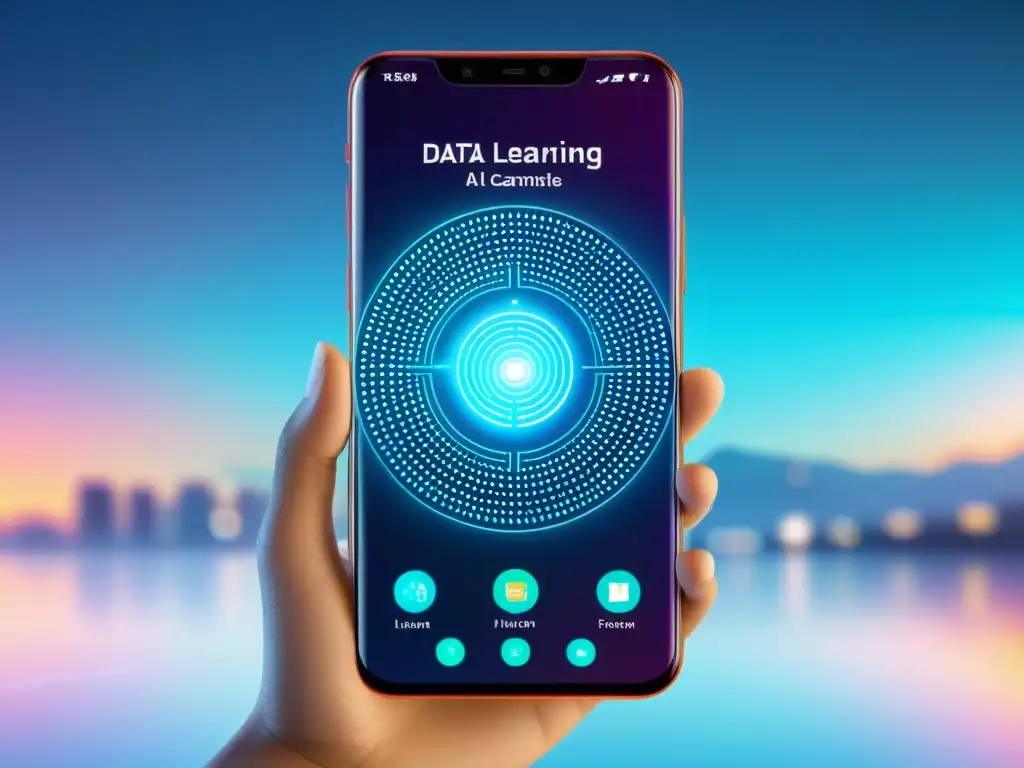 Un smartphone futurista con IA, mostrando algoritmos de aprendizaje automático y capacidades de asistente virtual