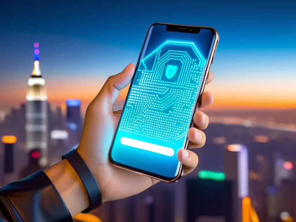 Un smartphone futurista con pantalla transparente y seguridad avanzada en dispositivos móviles