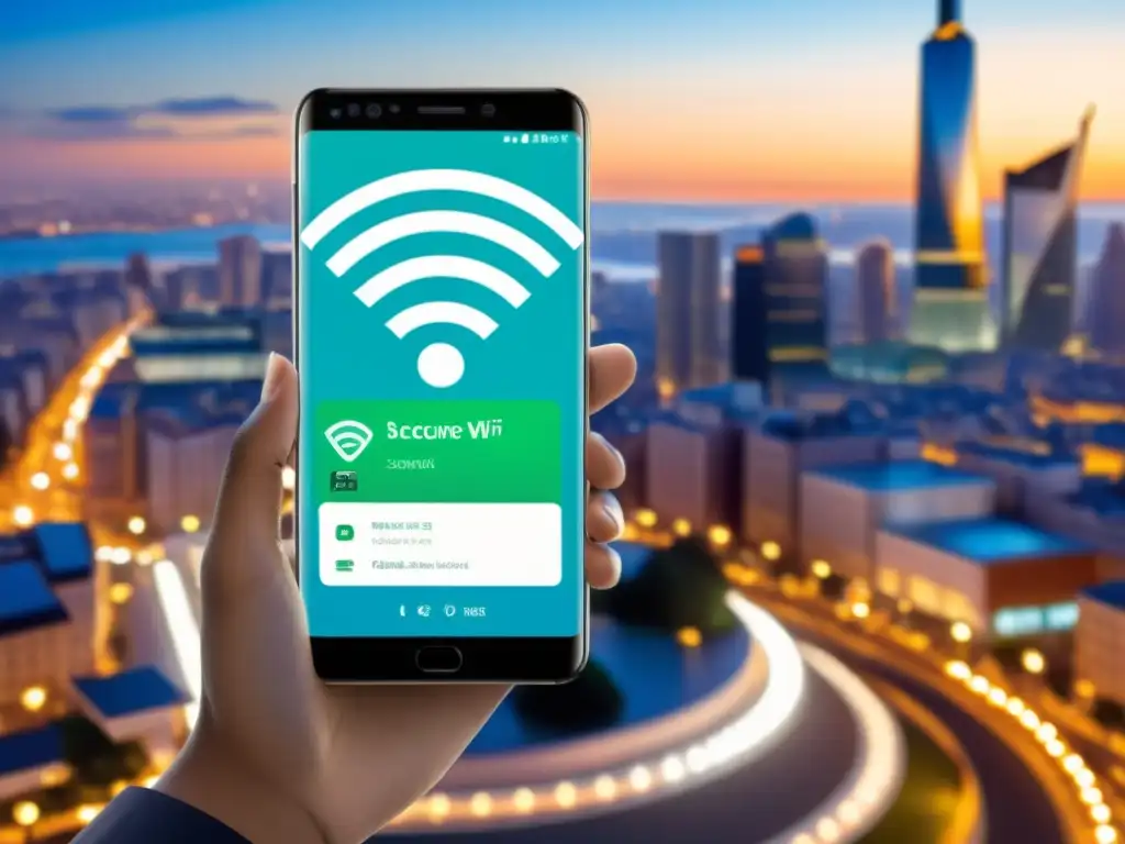 Un smartphone moderno y seguro conectado a WiFi público en una ciudad bulliciosa