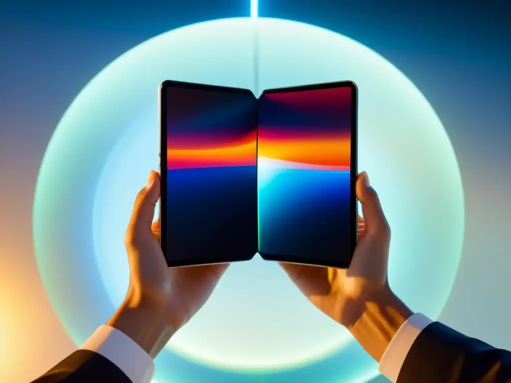 Smartphone con pantalla plegable mostrando tendencia dispositivos flexibles plegables smartphones en escenario futurista con iluminación cálida