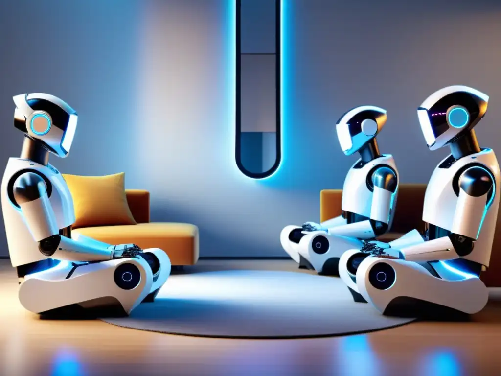 Robótica social cubriendo necesidades emocionales con robots modernos interactuando en un ambiente contemporáneo luminoso