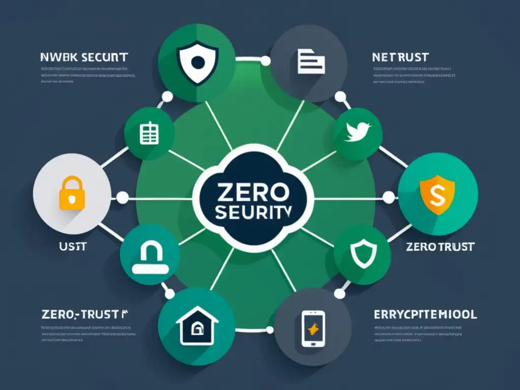 Un sofisticado diagrama de seguridad de red que ilustra el Modelo de seguridad Zero Trust, con capas de autenticación y encriptación