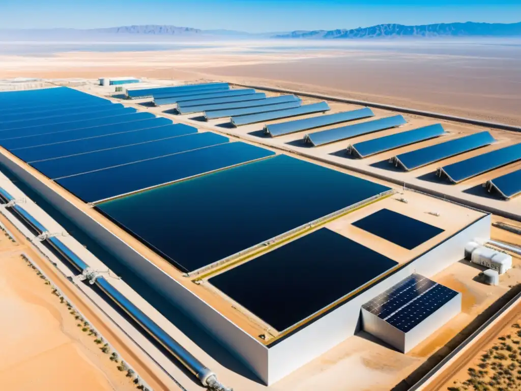 Desalinización solar como solución hídrica: Planta moderna en desierto, con estructuras metálicas relucientes y paneles solares brillantes