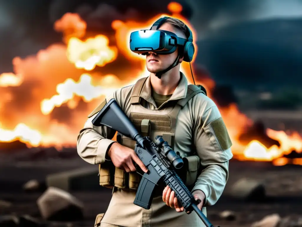 Un soldado con gafas de realidad virtual y un rifle futurista en un campo de batalla, mostrando el impacto de la tecnología en la guerra