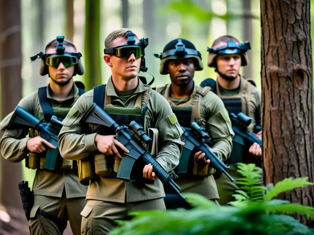 Soldados en camuflaje moderno y equipo táctico en un bosque denso, listos para la acción con tecnología avanzada