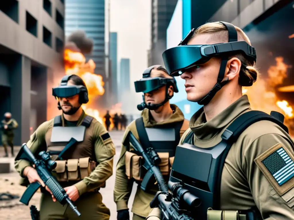 Soldados con tecnología de realidades virtuales avanzada en un paisaje urbano de guerra, resaltando el impacto de la tecnología en el combate moderno