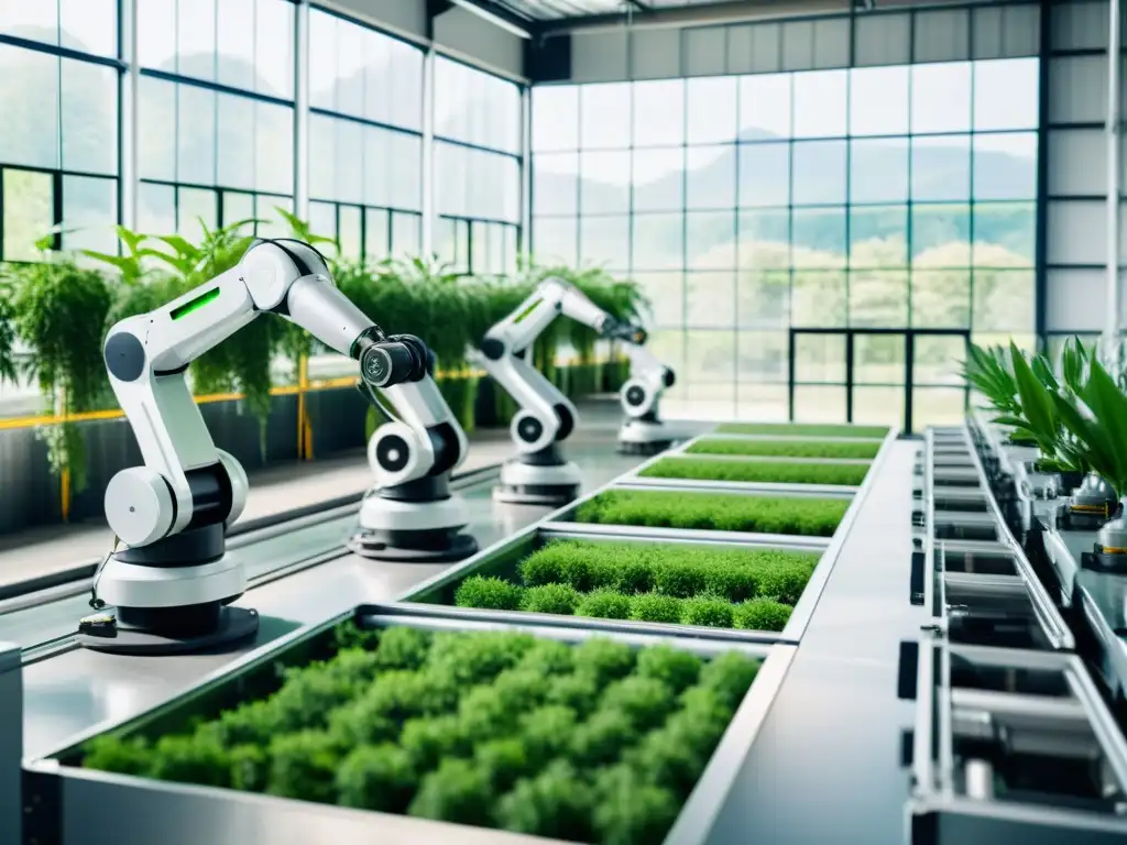 Robótica sostenible para industria: Robots modernos trabajan en planta ecoamigable rodeada de vegetación, ensamblan productos con precisión