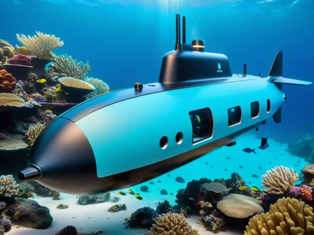 Exploración submarina: Robótica y belleza marina en armonía Un submarino robótico autónomo recorre majestuosamente las aguas cristalinas, rodeado de vida marina y tecnología de vanguardia