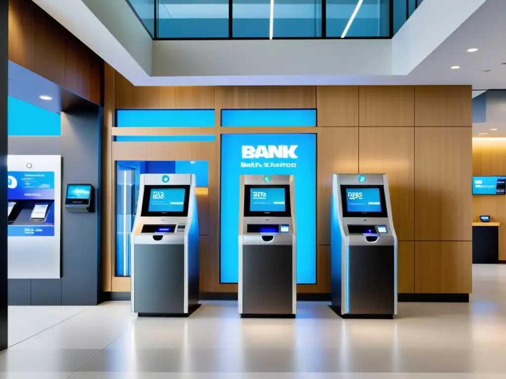 Sucursal bancaria futurista con tecnología de Inteligencia Artificial en banca personalizada, diseño vanguardista y ambiente sofisticado