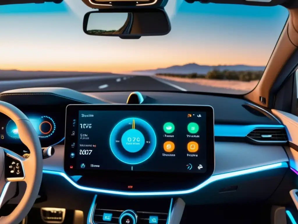 Tablero de coche futurista con pantalla táctil de alta definición mostrando datos de tráfico en tiempo real, integración con dispositivos domésticos y atmósfera moderna, impacto del 5G en automóviles conectados