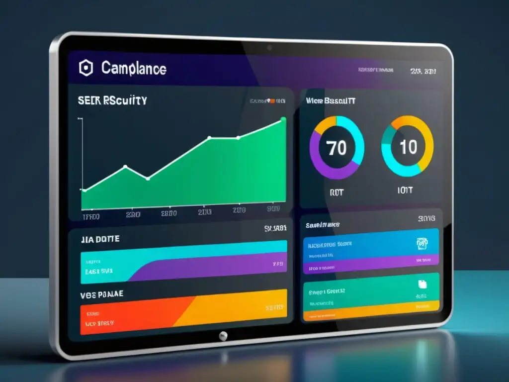 Tablero de cumplimiento normativo IoT y seguridad, con diseño futurista y visualizaciones dinámicas de datos en tiempo real