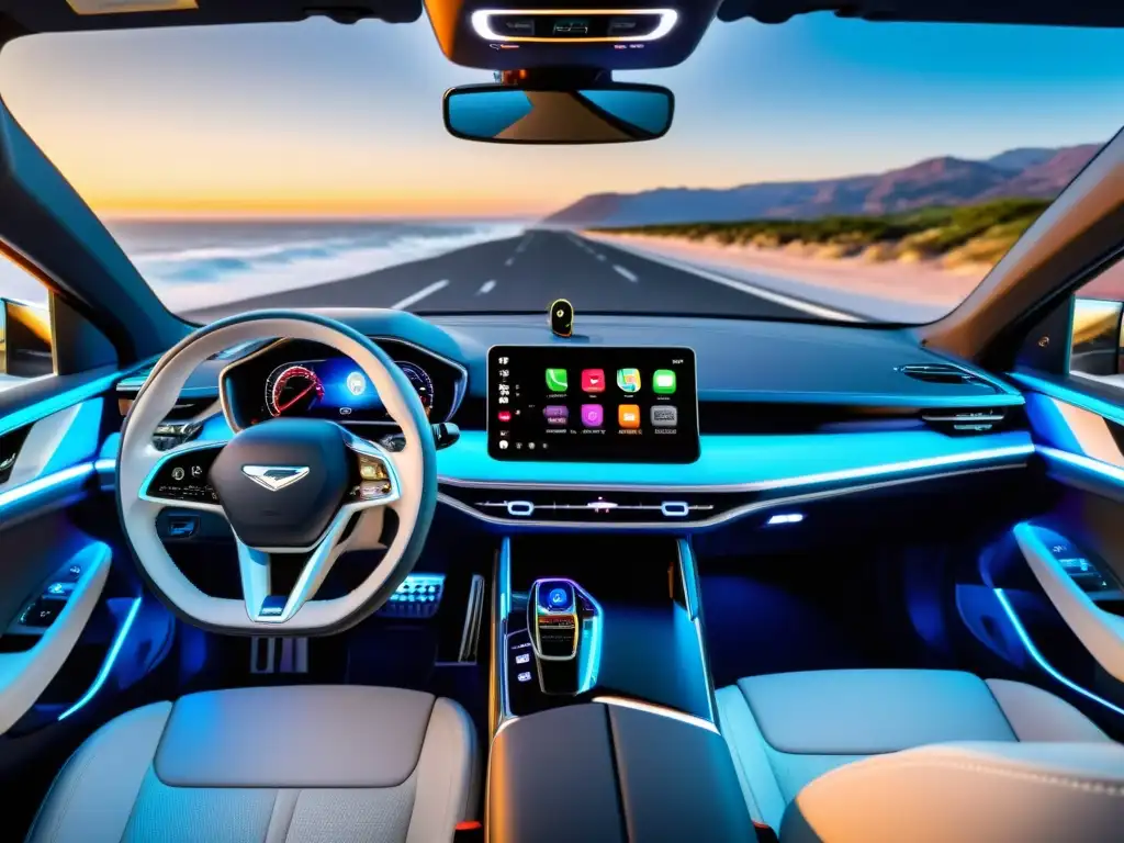 Tablero futurista de coche conectado con tecnologías emergentes y funciones avanzadas de seguridad, infotainment integrado y diseño moderno de lujo