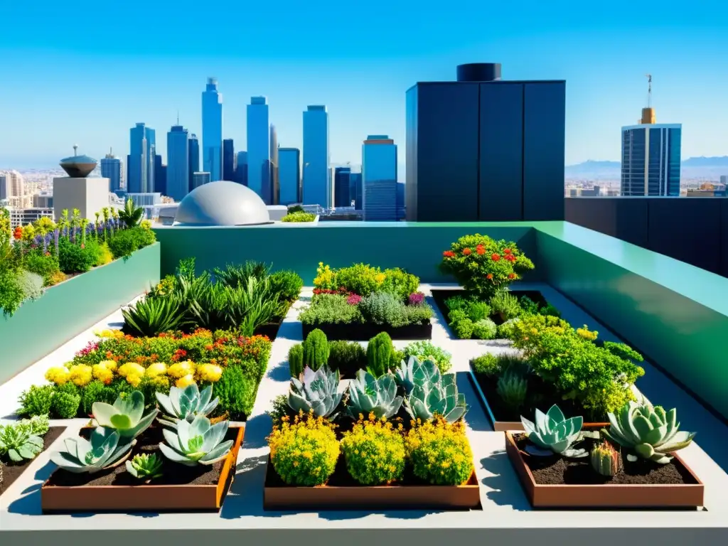 Jardín de techo verde con IoT sostenibilidad tecnologías emergentes, flores coloridas, suculentas y árboles, en armonía con la ciudad y el cielo azul