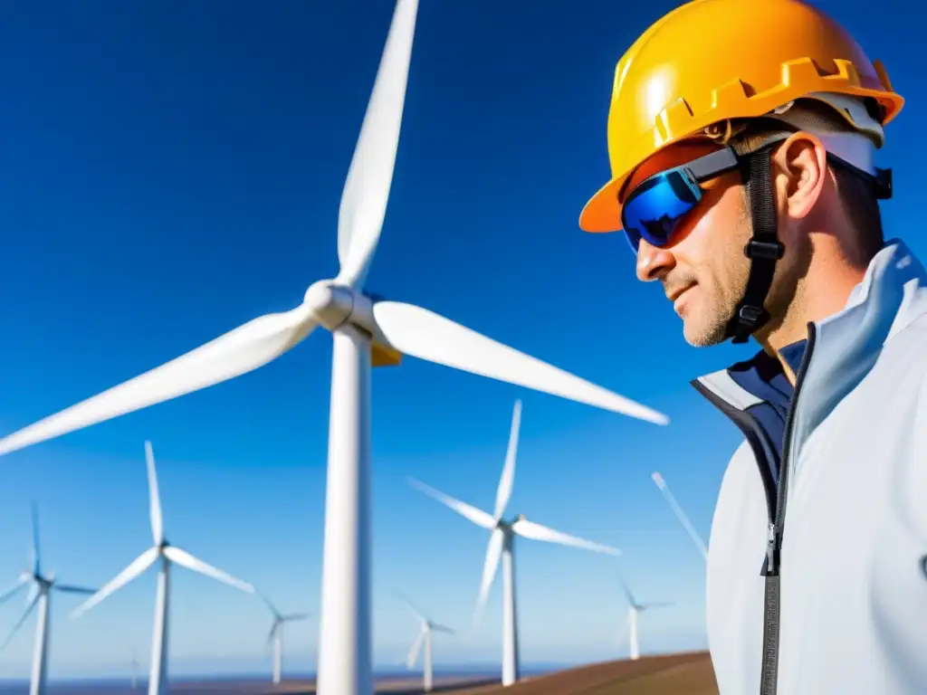 Un técnico inspecciona detalladamente una futurista pala de turbina eólica en un parque eólico