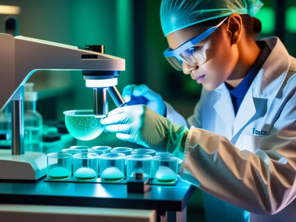 Un técnico de laboratorio extrae con cuidado células madre de un plato de Petri bajo un microscopio de alta potencia