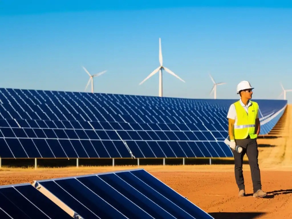 Un técnico ajusta un panel solar en un campo extenso con molinos de viento al fondo