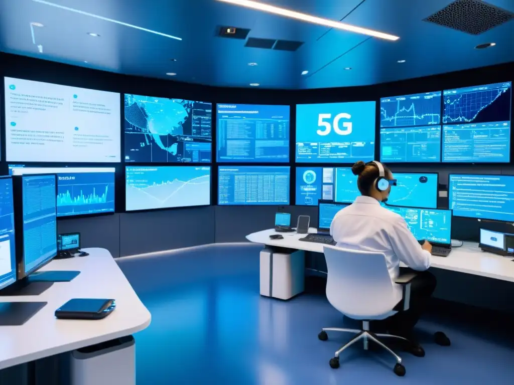 Técnicos en centro de operaciones 5G, monitorean datos en hologramas