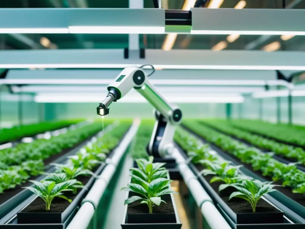 Robotic arm de alta tecnología cuida cultivo en ambiente futurista, mostrando la precisión de los robots en la gestión de cultivos