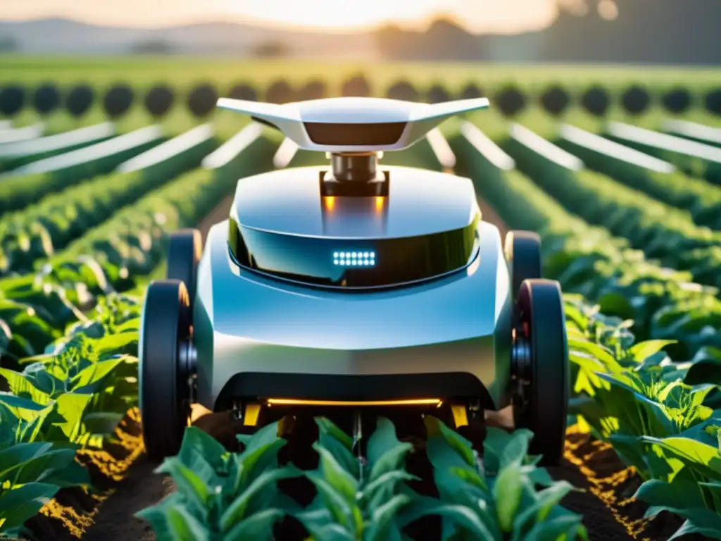 Robot agrícola de tecnología emergente en campo soleado con cultivos exuberantes y maquinaria moderna