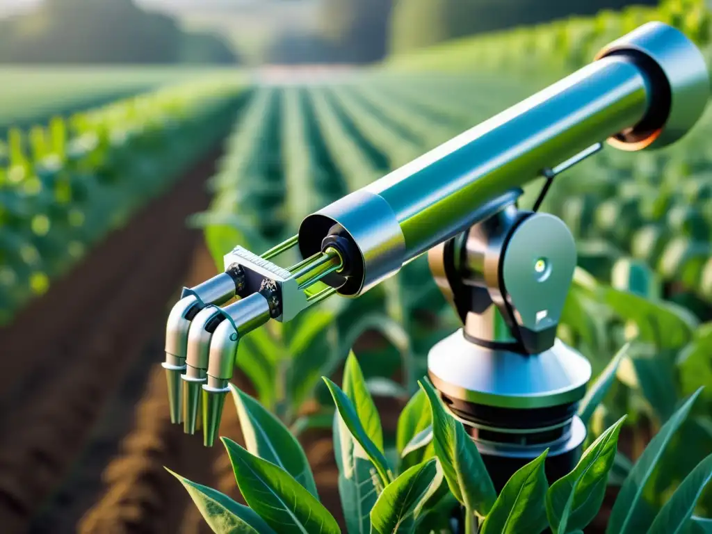 Un robot agrícola de tecnología emergente cuida con precisión un campo de cultivo, fusionando innovación y naturaleza