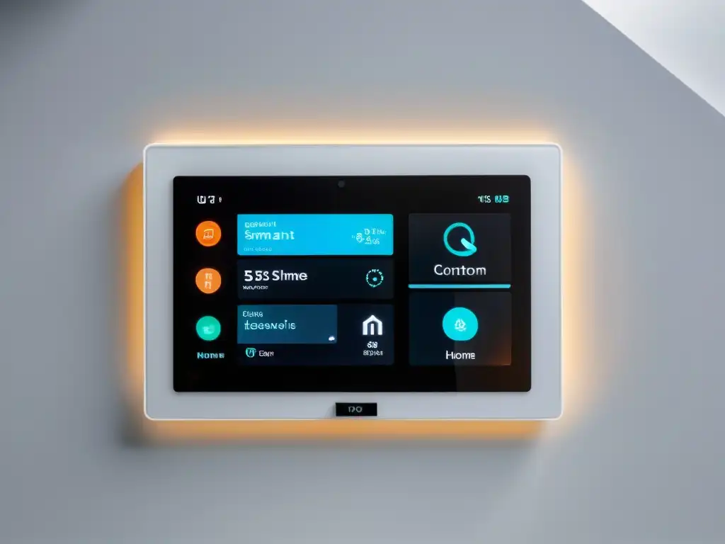 Tecnología vestible en casa con IoT: Panel de control moderno en pared blanca, con pantalla táctil de alta resolución y elegante interfaz futurista