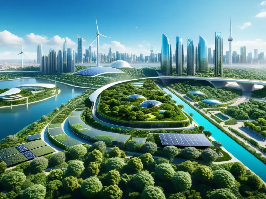 Tecnologías emergentes para combatir cambio climático: Ciudad futurista con infraestructura verde y armonía entre tecnología y naturaleza