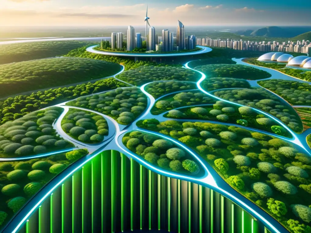 Tecnologías emergentes para combatir cambio climático: Ciudad futurista integrada con naturaleza y energía renovable en 8k