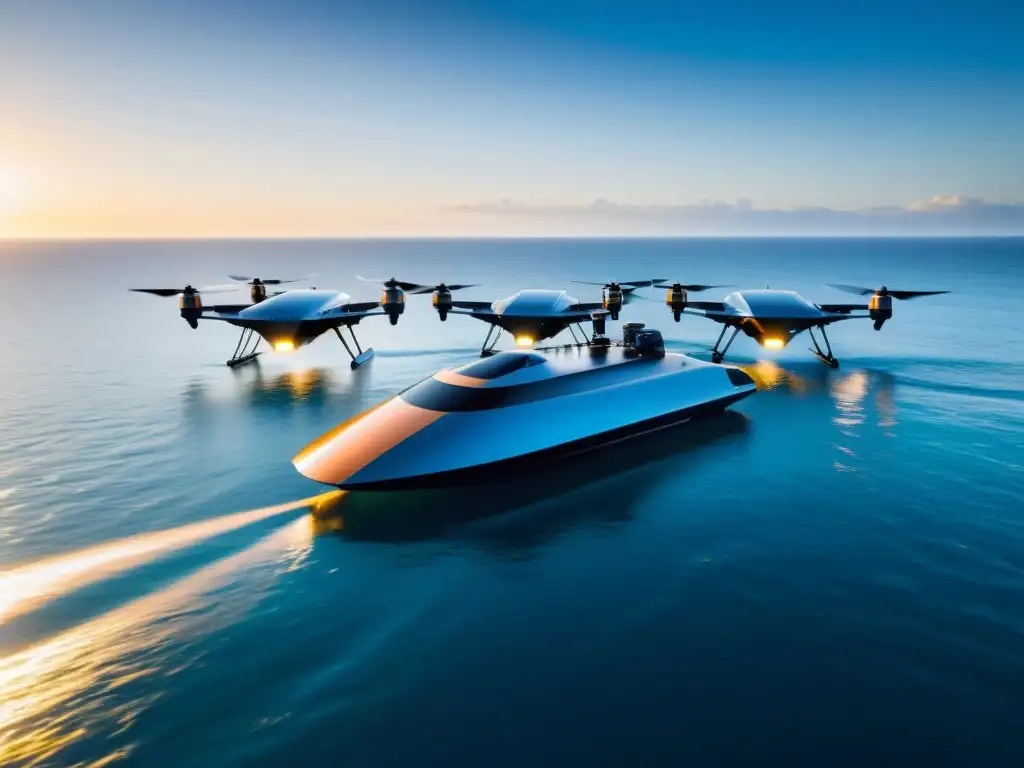 Tecnologías emergentes en acción: drones oceánicos futuristas limpian el mar al atardecer, uniendo tecnología y belleza natural