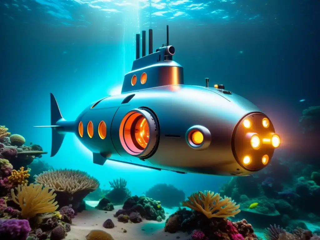 Exploración submarina: robot con tecnologías emergentes en paisaje marino bioluminiscente