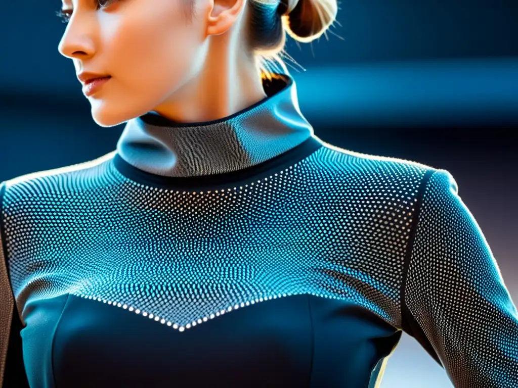 Textil inteligente con nanotecnología: fusión futurista de moda y ciencia Un tejido inteligente de alta tecnología con nanotecnología integrada, fusionando moda y ciencia