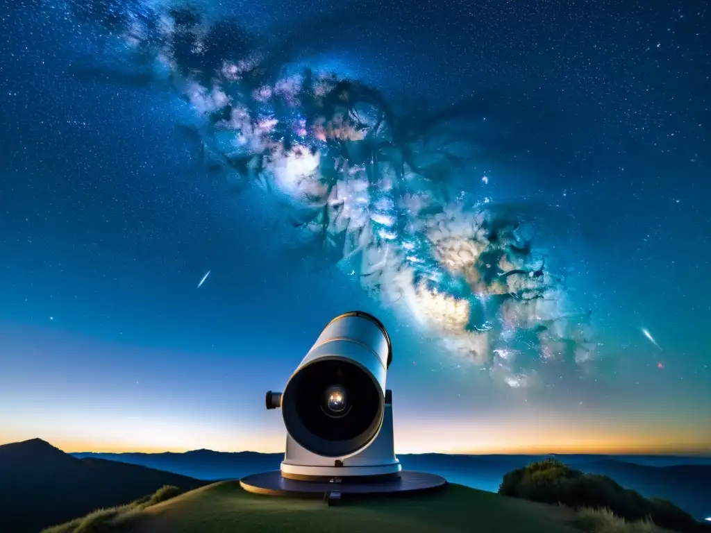 Un telescopio moderno apuntando al cielo nocturno, revelando la grandeza de la Vía Láctea