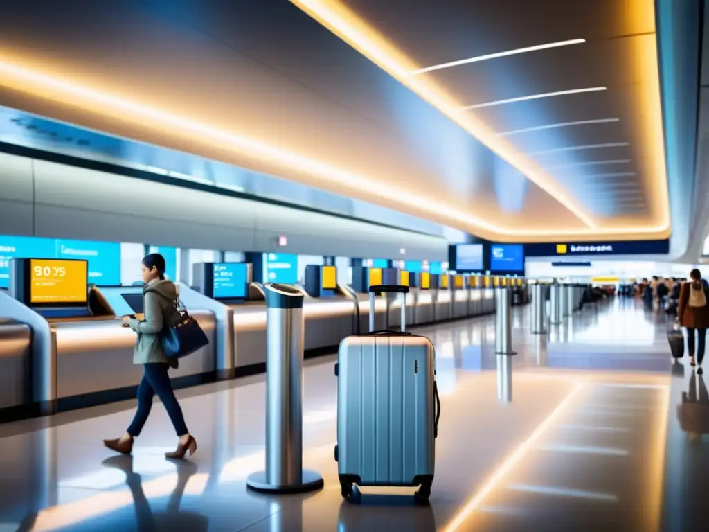 Terminal ajetreada de aeropuerto con tecnología moderna, viajeros y atmósfera innovadora