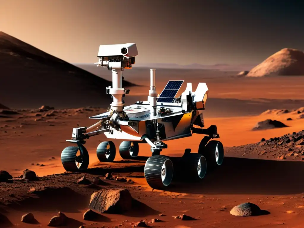 El rover de Marte recorre terreno rocoso con paneles solares desplegados, revelando su avanzada tecnología y la exploración robótica en Marte