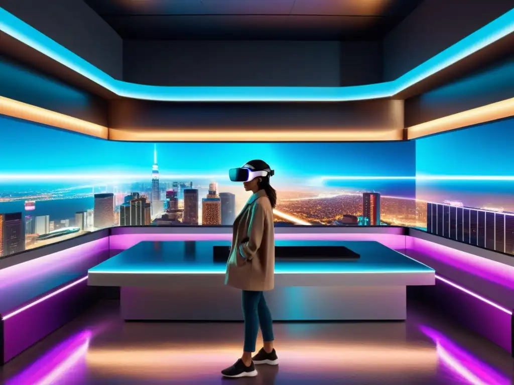 Tienda futurista de realidad virtual con hologramas y tecnología interactiva, en una ciudad nocturna