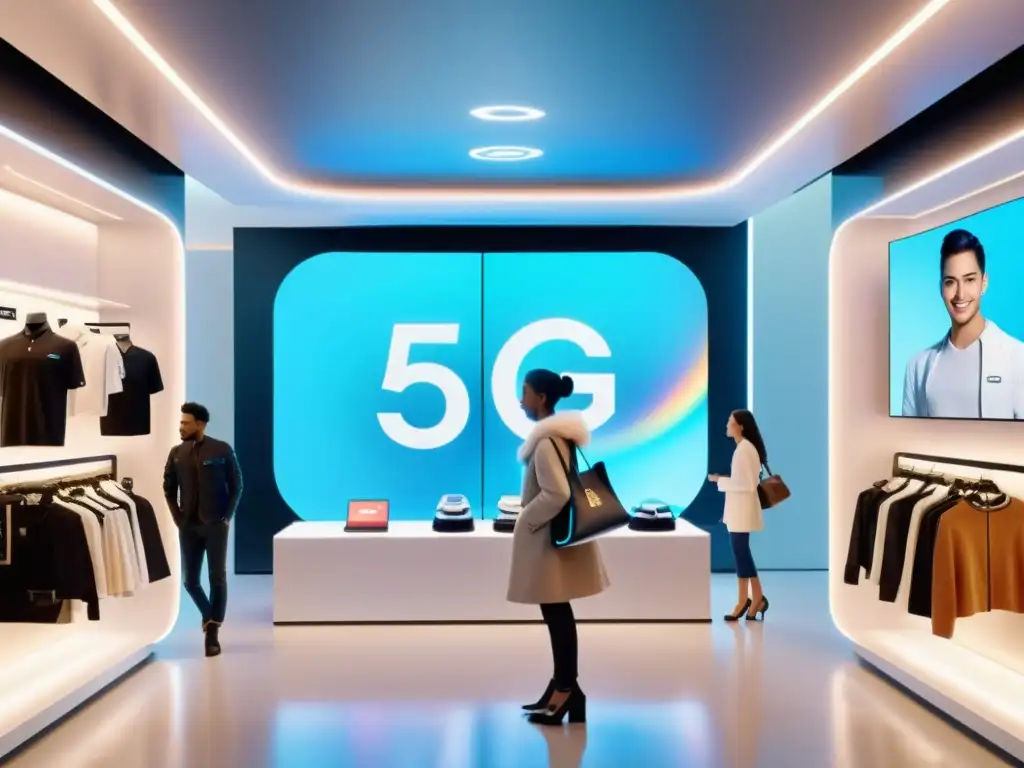 Tienda minorista con impacto 5G: exhibición holográfica futurista, experiencia de compra 5G, integración online y en tienda, ambiente dinámico