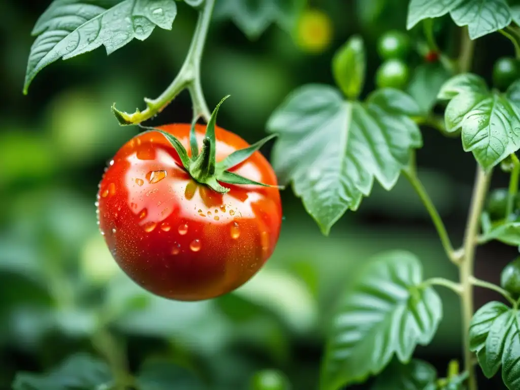 Tomate rojo maduro con gotas de agua brillando al sol, detalle de la piel y hojas verdes