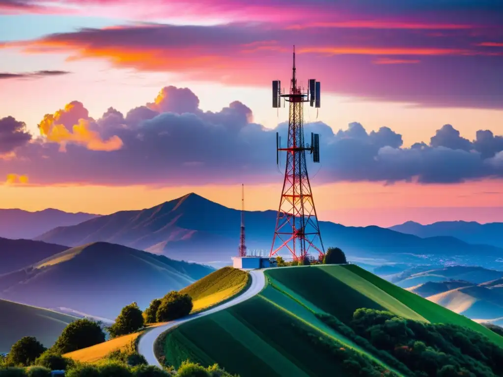 Una torre de antena 5G se alza ante un vibrante atardecer, fusionando avance tecnológico y belleza natural