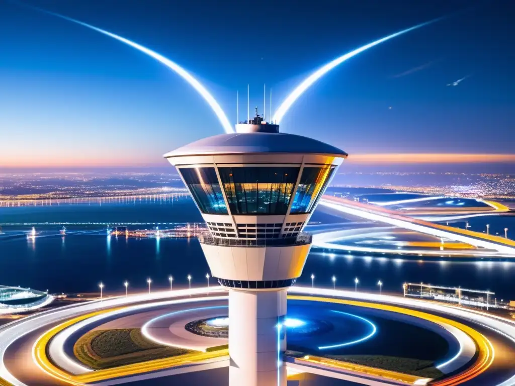 Una torre de control aéreo futurista rodeada de aeronaves modernas, con luces de la ciudad