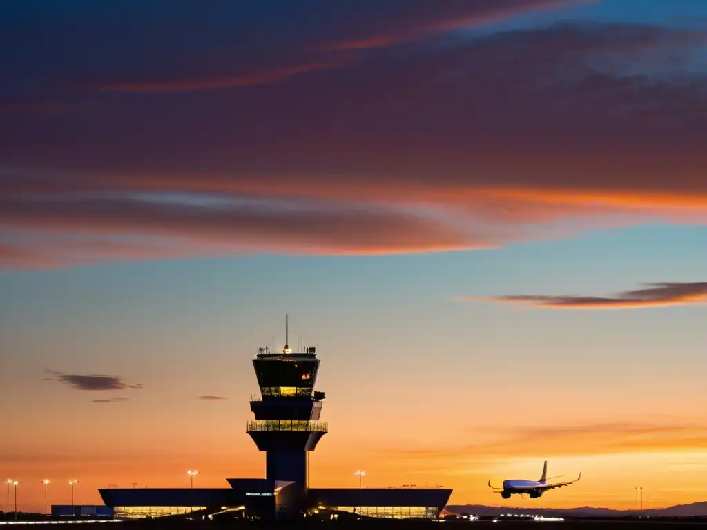 Torre de control moderna y segura en atardecer vibrante, con equipos 5G