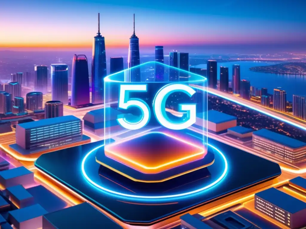 Torre futurista de red 5G con escudo protector brillante y datos en colores neón, evocando protección red 5G vulnerabilidades