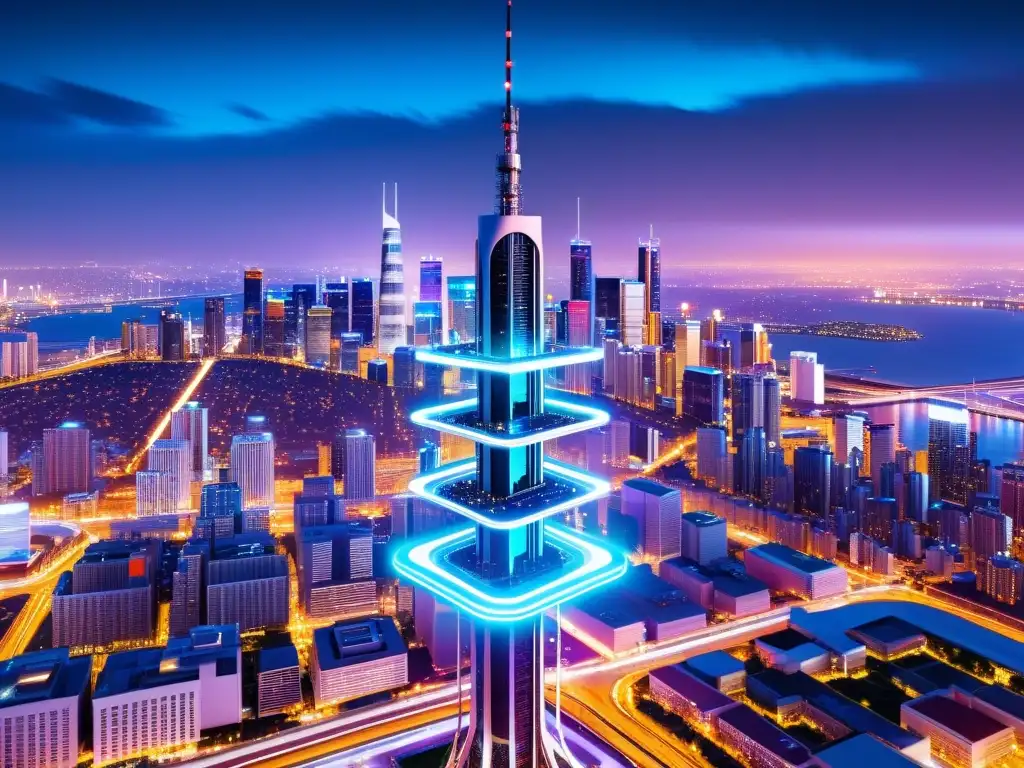 Una torre de 5G futurista iluminada con luces vibrantes, en contraste con el bullicio de la ciudad