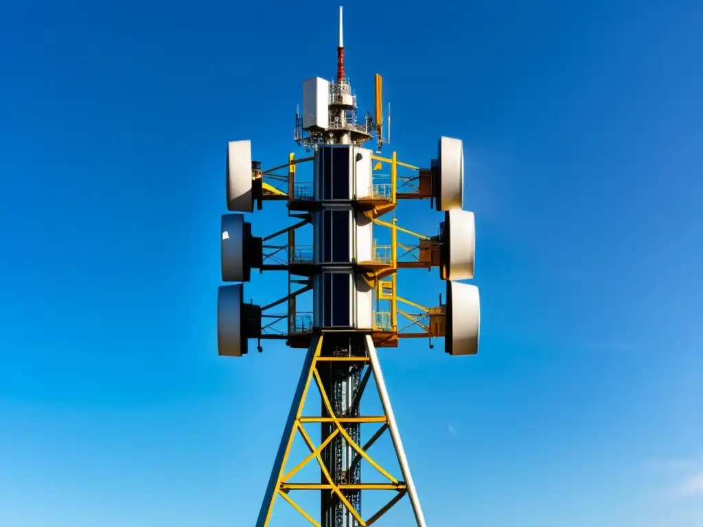 Una torre 5G moderna y detallada contra un cielo azul brillante, exudando innovación y seguridad en la infraestructura 5G