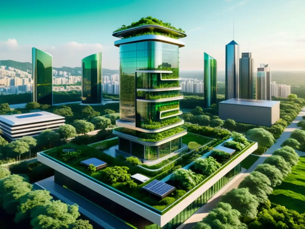 Torre de red 5G integrada en un paisaje urbano verde, mostrando su impacto ambiental positivo