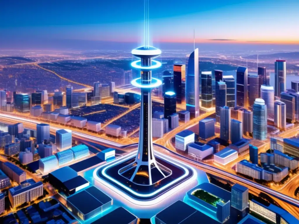 Una torre de telecomunicaciones 5G futurista rodeada de señales de datos, integrada en el bullicio de la ciudad